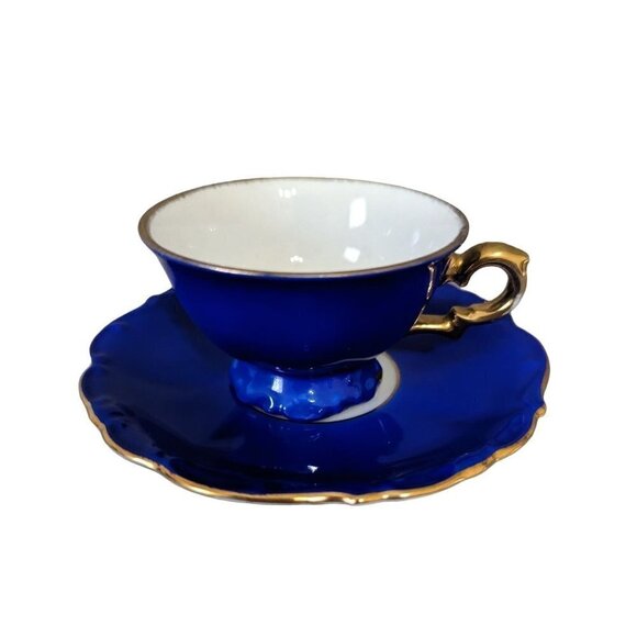 Vintage Bareuther Bavaria Germany Tea Cup & Saucer Blue Gold Trim Demitasse - Picture 2 of 10